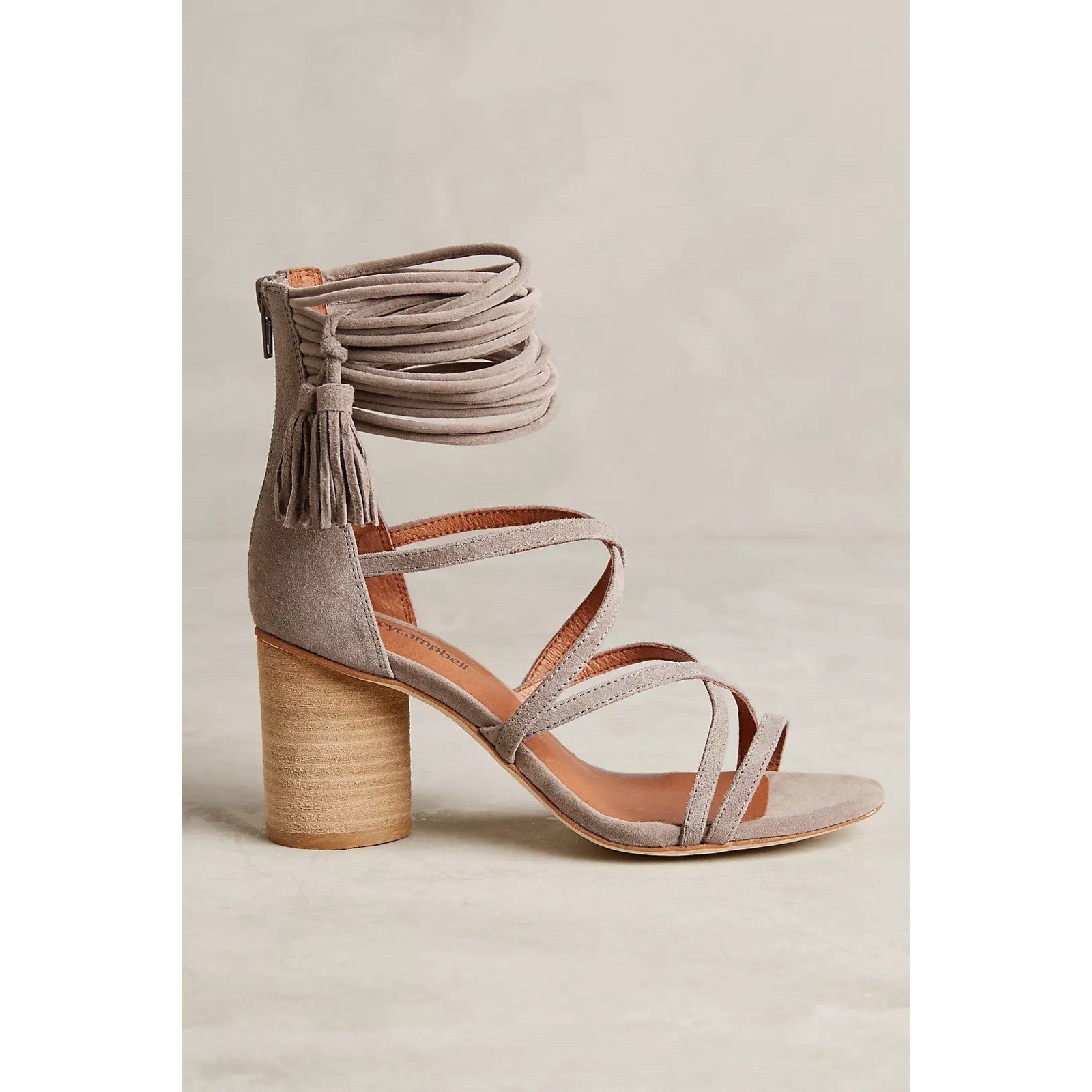 Jeffrey Campbell Despina Heel Sandals Women's 8.5 Taupe Suede Strappy Ankle Wrap